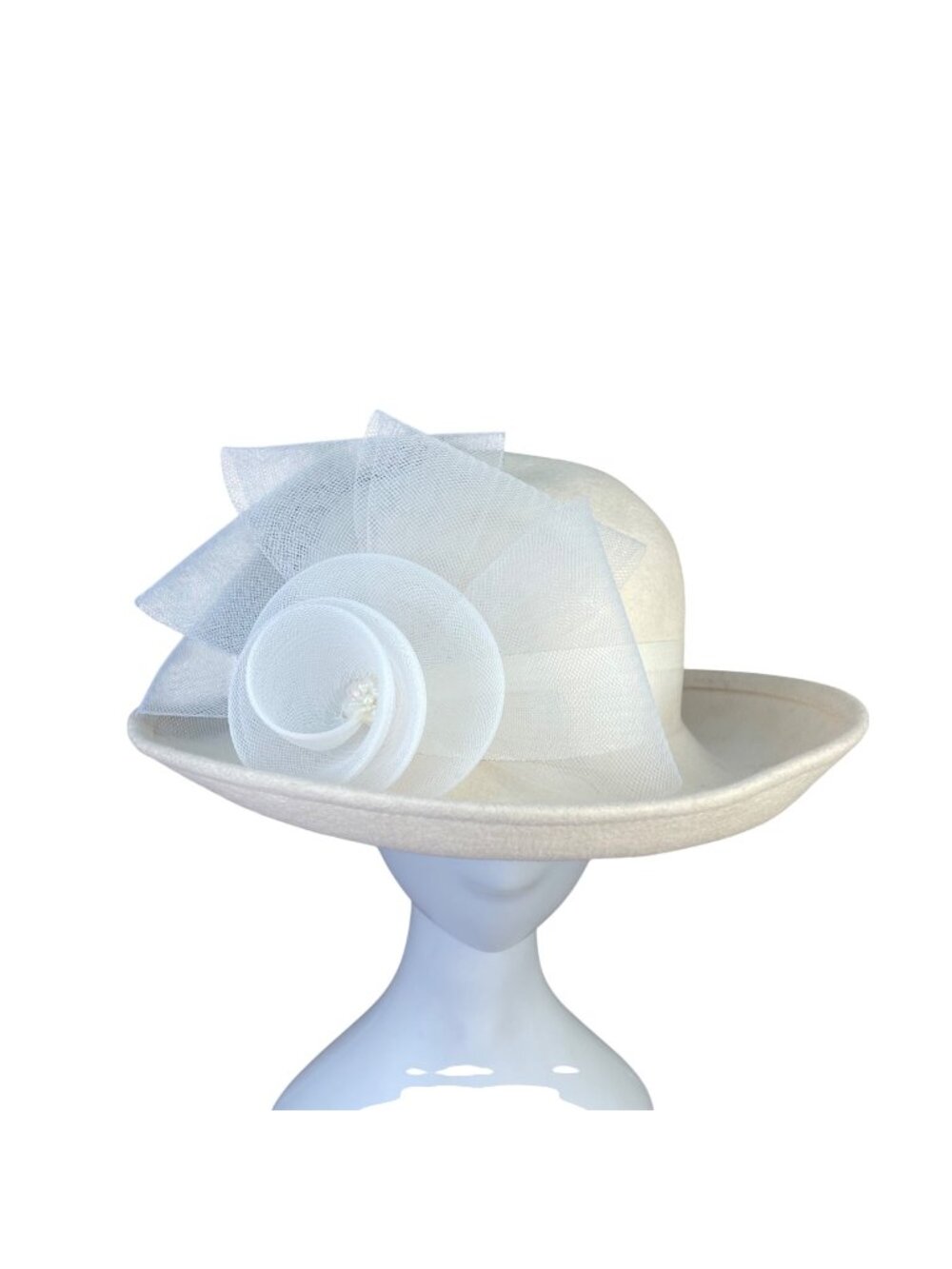 Deborah Ladies White Wool Dress Hat With Decorative Tulle And Satin Ribbon